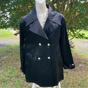 Pop Style Vintage 80's Rhinestone Button Black Satin Double Breasted Trench Coat